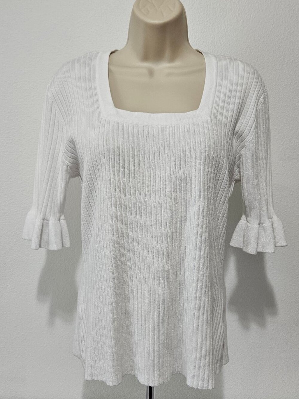 Chadwicks Ribbed Square Neck Ruffle Sleeve Pullover Sweater - Picture 2 of 10